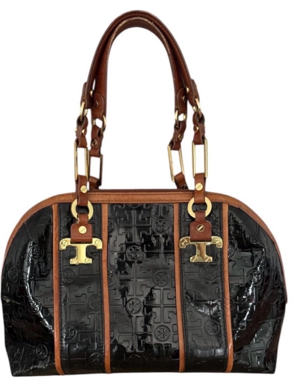 Tory Burch Black Patent Tote with Brown Trim and Gold Hardware